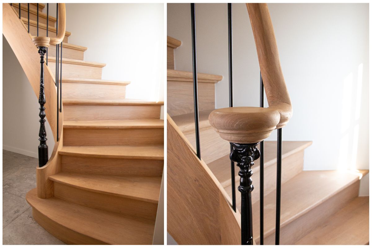 Landelijke houten trap in Wuustwezel met gietijzeren trappaal naar ons model Serenity Plus
